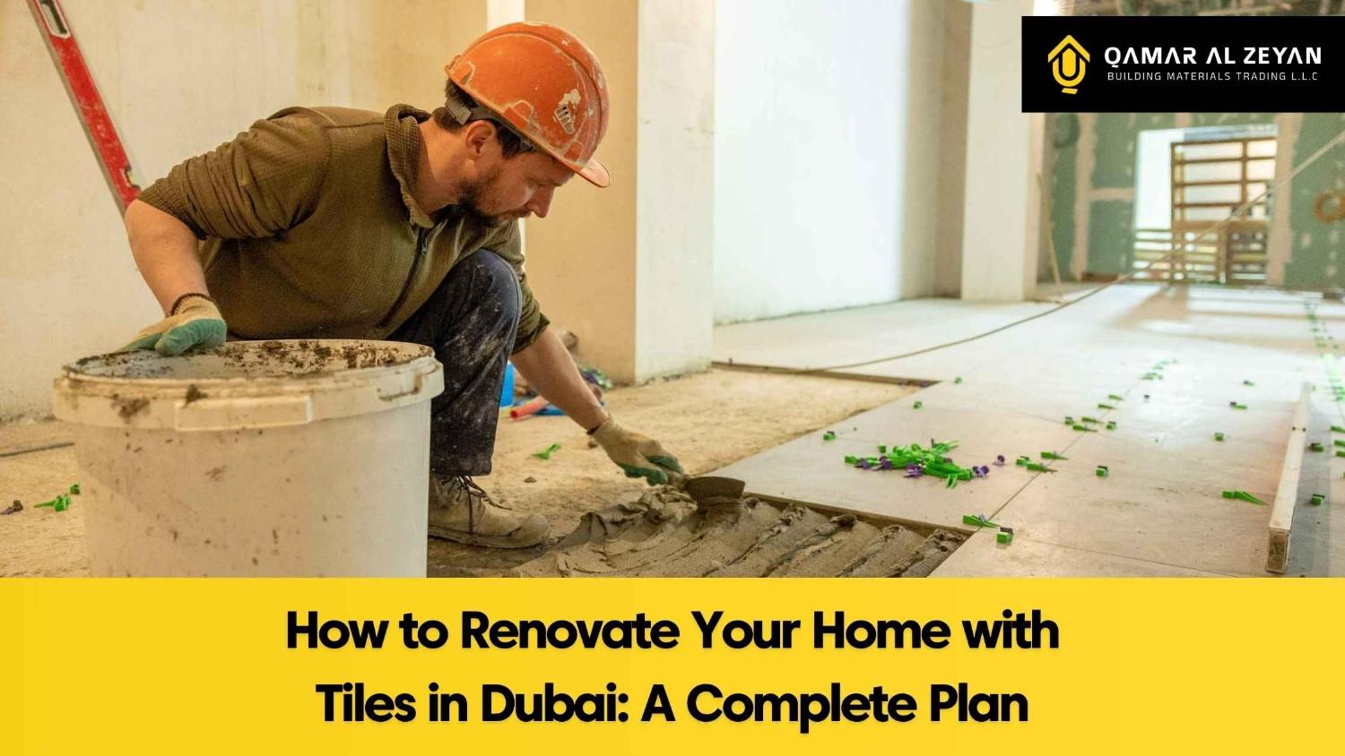 Worker installing floor tiles in a home renovation project, Qamar Al Zeyan—a trusted tile shop in Dubai.
